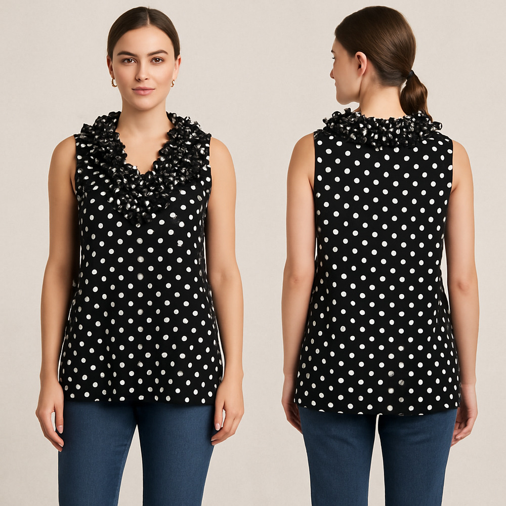 Milano‎ Black White Polka Dot Ruffle Neck Sleeveless Blouse Womens Size Large